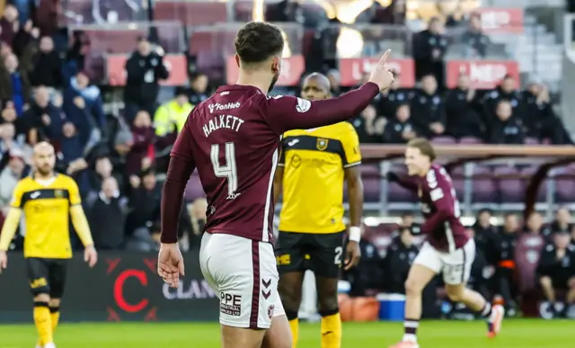 Hearts' Craig Halkett celebrates after scoring to make it 1-0 during a William Hill Premiership match between Heart of Midlothian and Livingston at Tynecastle Park,