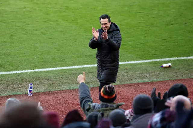 Unai Emery, Manager of Aston Villa, applauds the fans
