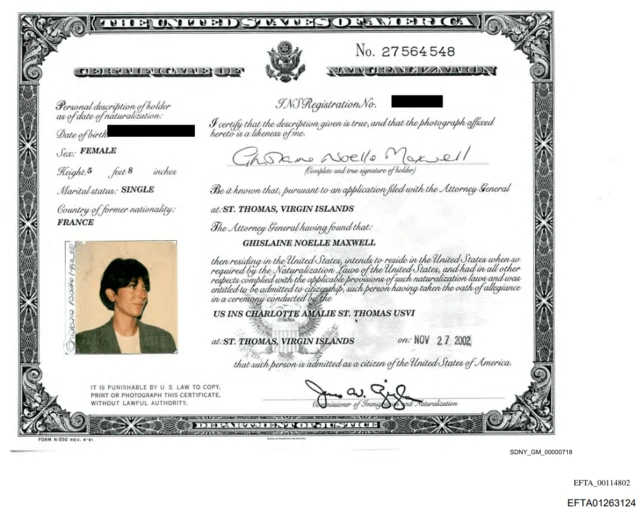 A naturalisation certificate with picture of Ghislaine Maxwell, her name and signature as well as her gender, height and marital status.