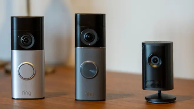 Two Ring doorbells and a Ring security camera