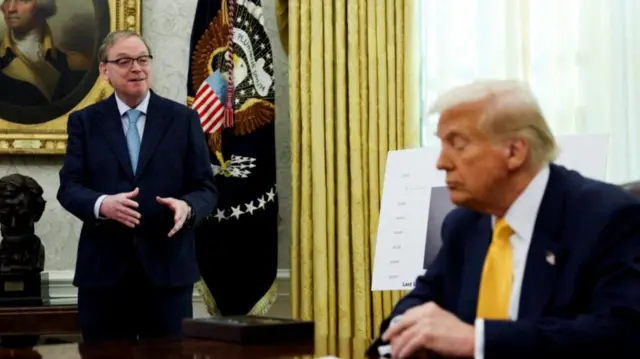 White House economic adviser Kevin Hassett speaks next to US President Donald Trump in the Oval Office of the White House in Washington DC, US, 7 March 2025.