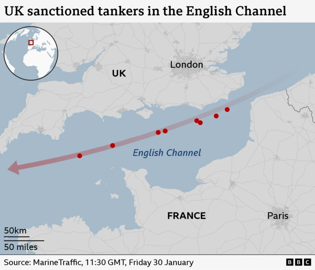 A BBC graphic showing the location of eight sanctioned tankers in the English Channel and a red arrow showing they are heading south-west towards the Atlantic