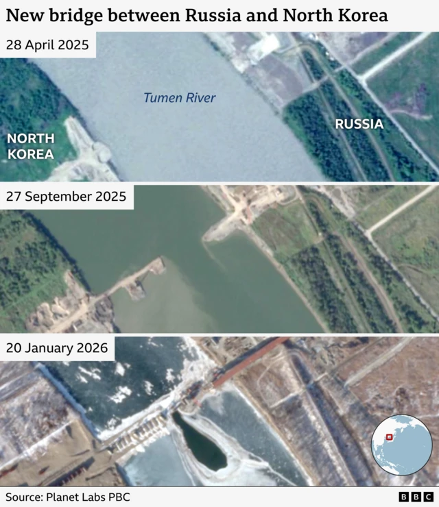 Three satellite images - from top 28 April 2025 where there is no bridge; 27 September where work us under way and 20 January 2026 where there is a smaller gap