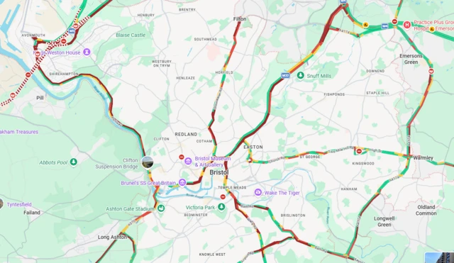 Map with red lines showing Bristol's traffic
