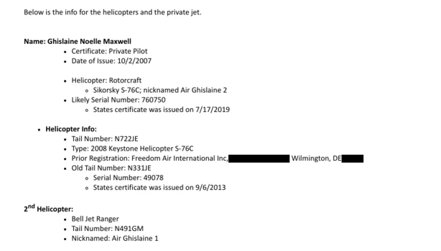 A document listing helicopters: in the text is a line saying Nicknamed: Air Ghislaine 1 and Air Ghislaine 2