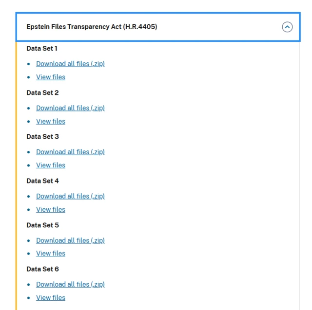 A website drop-down menu headlined "Epstein Files Transparency Act (H.R.4405)" with subheadings numbered "Data Set 1" to "Data Set 6".