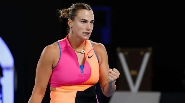 Aryna Sabalenka celebrates a point