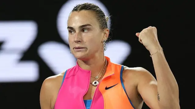 Aryna Sabalenka celebrates a point