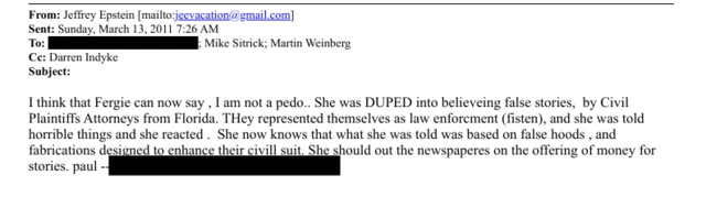 A screenshot of an emai echange that says "I think that Fergie can now say, I am not a pedo".