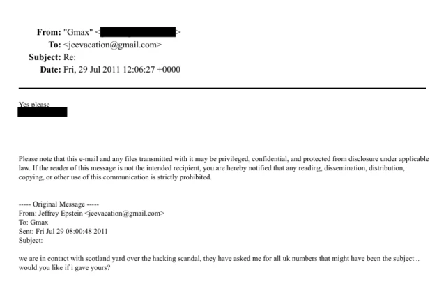 An email exchange from Gmax to Jeevacation about getting in contact with scotland yard over hacking scandal.