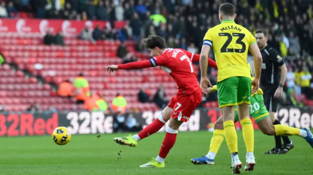 Hayden Hackney scores for Middlesbrough against Norwich