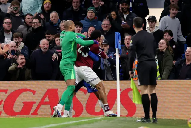 Chelsea's Robert Sanchez and Chelsea's Joao Pedro clash with West Ham United's Jean-Clair Todibo