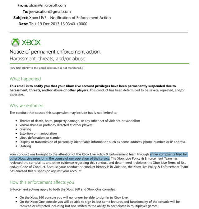 Screenshot of email message from Microsoft's XBox team communicating the suspension of an account associated with Jeffrey Epstein