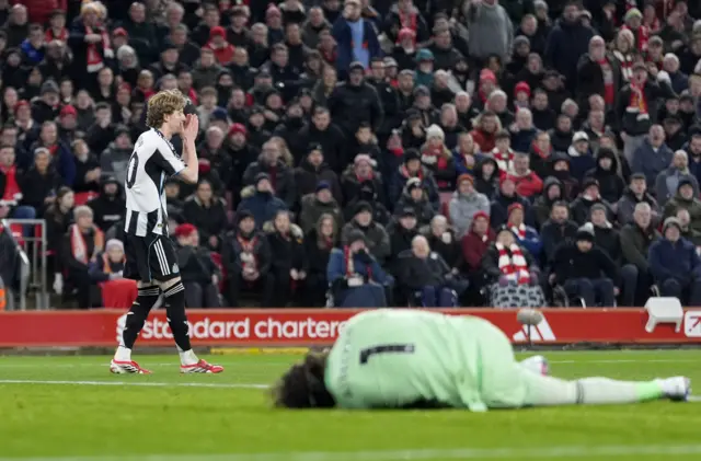 Gordon reacts after he is penalised for flying into a challenge on Alisson