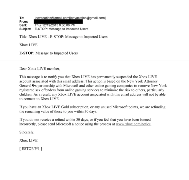 Screenshot of an email from a redacted account communicating the suspension of an Xbox account.