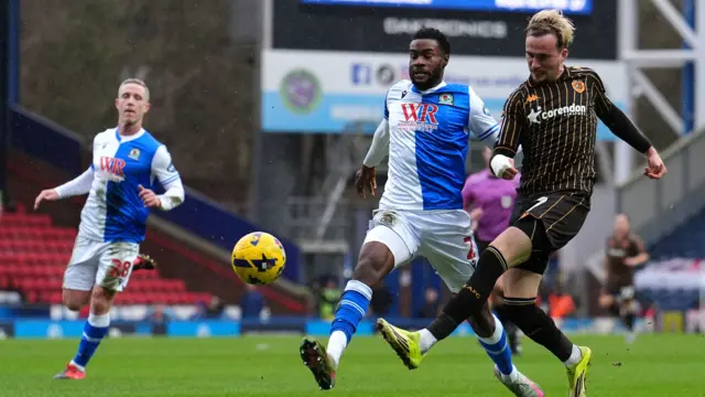 Hull's Liam Millar has an attempt at goal against Blackburn