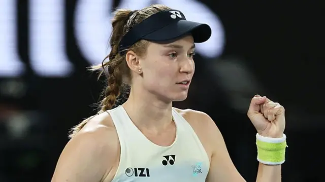 Elena Rybakina celebrates winning the first set