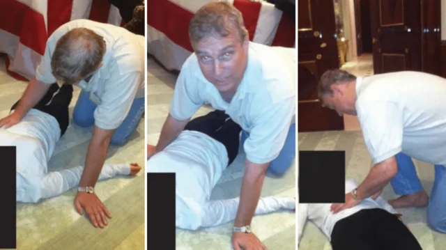 A picture of a man appearing to be Andrew Mountbatten Windsor in a white shirt and jeans. He's on all fours over a woman on the ground, she's in a white top and dark leggins