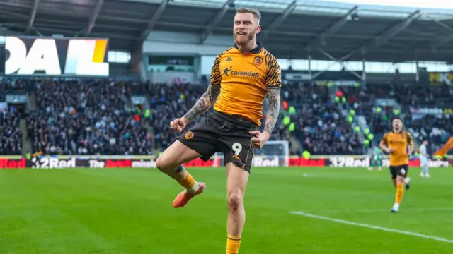 Hull's Oli McBurnie celebrates scoring in the 2-1 win over Swansea