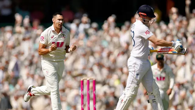 Scott Boland of Australia celebrates taking the wicket of Harry Brook