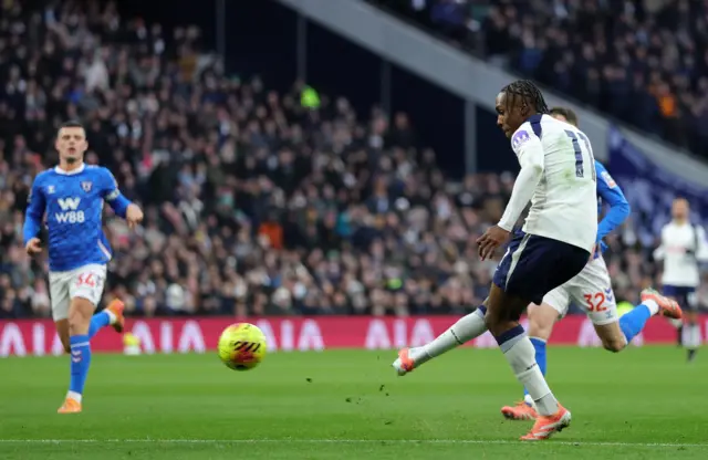 Tottenham Hotspur's Mathys Tel shoots at goal.