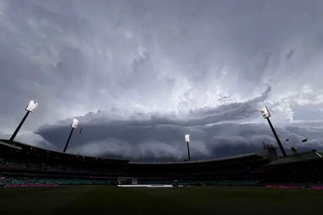 SCG with dark clouds and covers on the pitch