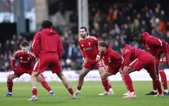 Liverpool's Dominik Szoboszlai, Liverpool's Milos Kerkez, Liverpool's Ibrahima Konate and Liverpool's Alexis Mac Allister during the warm up before the matc