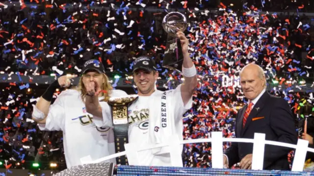 Aaron Rodgers and Clay Matthews of the Green Bay Packers celebrate their victory against the Pittsburgh Steelers during Super Bowl in 2011