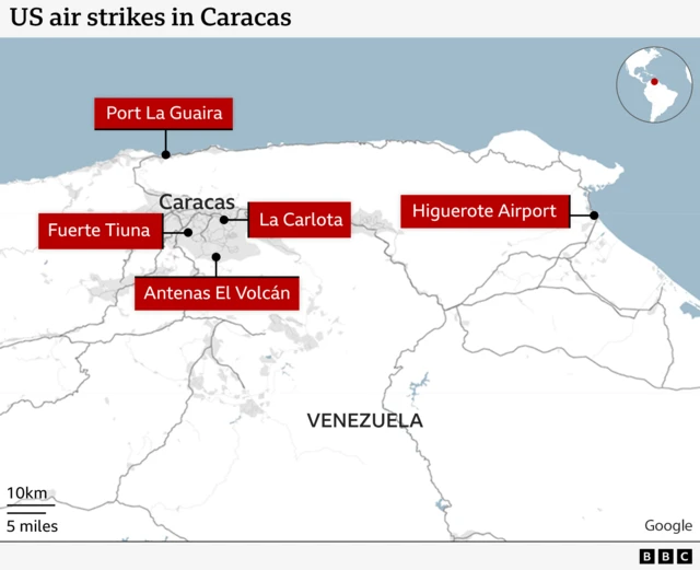 Map showing locations of US air strikes in Venezuela: Generalissimo Francisco de Miranda Air Base, an airfield known as La Carlota, Fuerte Tiuna, a key military facility in Caracas, Port La Guaira, Caracas' main conduit to the Caribbean Sea, located in Miranda state, Higuerote Airport, also located in Miranda state, just east of Caracas Antenas and El Volcan, a telecomms towers on Cerro El Volcan, a high peak in Miranda
