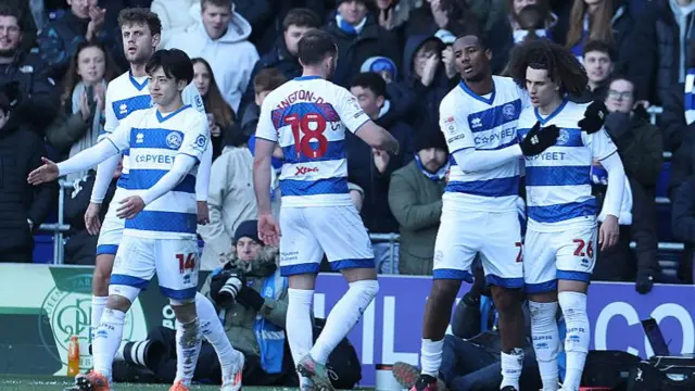 QPR players celebrating Rayan Kolli's second goal