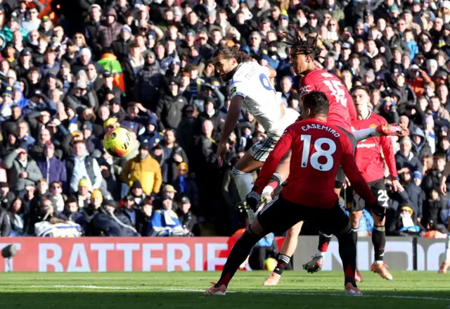 Leeds United's Dominic Calvert-Lewin heads at goal