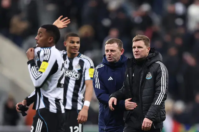 Eddie Howe, Manager of Newcastle United, and Graeme Jones, Assistant Manager celebrate