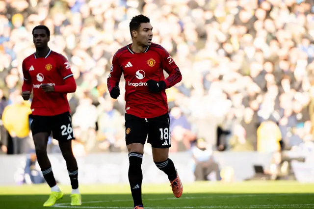Casemiro of Manchester United looks on during the Premier League match between Leeds United and Manchester United at Elland Road on January 04, 2026 in Leeds, England.