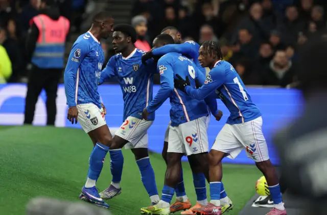 Sunderland's Brian Brobbey celebrates scoring their first goal with teammates
