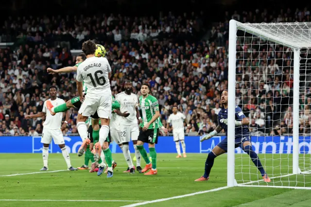 Gonzalo Garcia heads the ball in against Real Betis