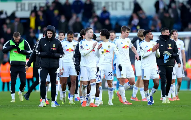 Gabriel Gudmundsson of Leeds United applauds the fans after the Premier League match between Leeds United and Manchester United at Elland Road on January 04, 2026 in Leeds, England.