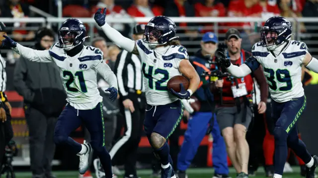 Seattle Seahawks linebacker Drake Thomas celebrates after an interception against the San Francisco 49ers