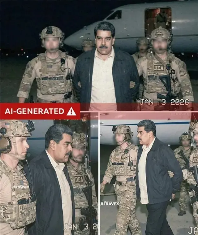Three AI generated images purporting to show Maduro being escorted by members of the military. A red banner indicates they have been AI generated
