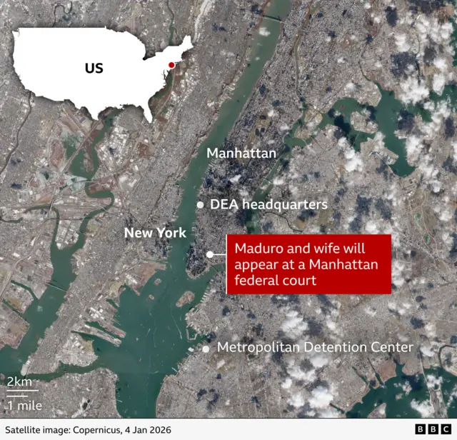 A graphic map of New York showing where Maduro will appear in court