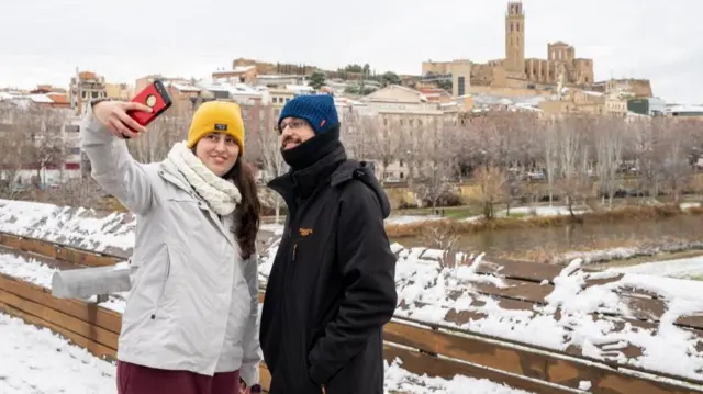 People take a selfie amid snow in Lleida, Spain, 05 January 2026, due to Storm Francis. Snow covers Spain, Lleida - 05 Jan 2026