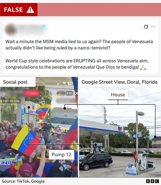 A screenshot from the misleading video alongside a picture of its real location in Florida on Google Maps