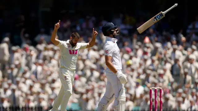 ichael Neser of Australia celebrates taking the wicket of Will Jacks of England during day two of the Fifth Test