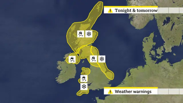 Weather forecast map showing the location of the yellow weather warnings in place tonight and tomorrow for snow and ice