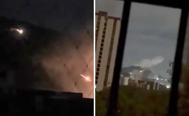 Two screenshots from two videos showing helicopter strikes