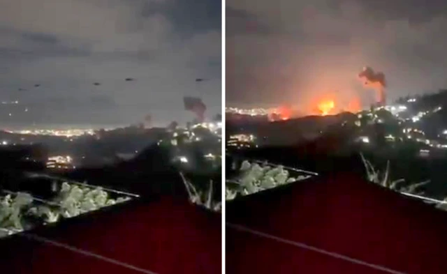 Two screenshots from the video showing helicopter and explosions
