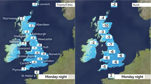 Two UK maps showing night temperatures in towns and cities (L) and rural (R)