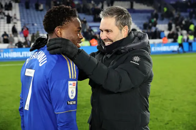 Leicester City Manager Martí Cifuentes and Abdul Fatawu of Leicester City celebrate