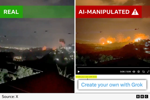 A screenshot of the real footage beside a screenshot of the AI-manipulated post highlighting the words 'Create your own with Grok' at the bottom