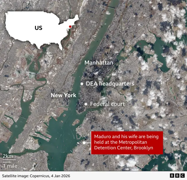 A map of New York showing the location of the DEA headquarters, federal court, and the Metropolitan Detention Center, Brooklyn, where Maduro and his wife are being held. Satellite image is from 4 Jan 2026