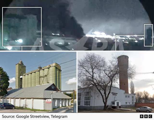 A graphic with a screengrab from a video, highlighting two buildings that are visible and comparing them to google streetview images